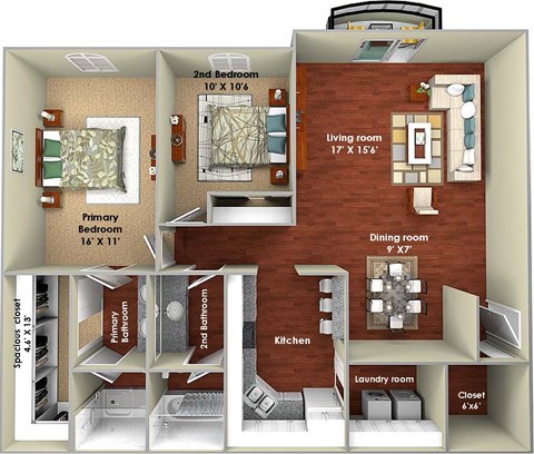Floor plan for 2 beds, 2 baths, 1185 sqft